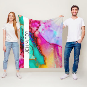 Roze en Groen Marmer Abstracte Waterverf Fleece Deken