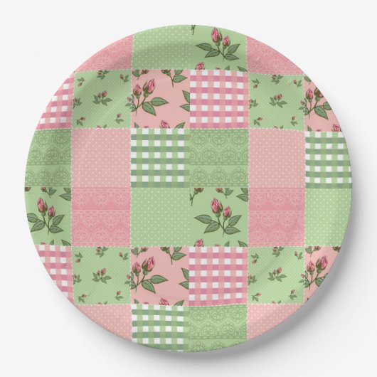 Roze en groen patchwork Quilt Pattern Papieren Bordje (Voorkant)