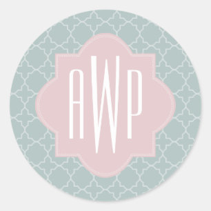Roze en Groen Quatrefoil Monogram Ronde Sticker