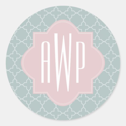 Roze en Groen Quatrefoil Monogram Ronde Sticker (Voorkant)