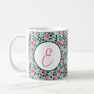 Roze en groen waterverf bloempatroon monogram koffiemok