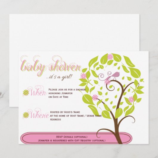 Roze en Groen Whimsical Baby shower Invitation Kaart (Voorkant / Achterkant)