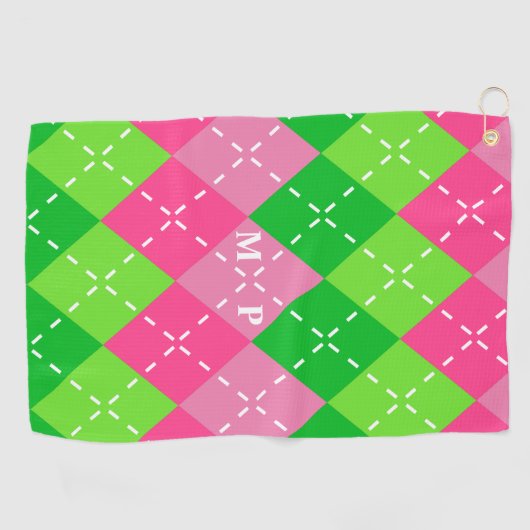 Roze en Groene Argyle met Wit Stikkend Golfhanddoek (Horizontaal)