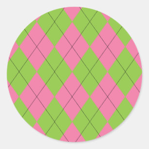 Roze en Groene Argyle Patroon met Zwarte Lijnen Ronde Sticker