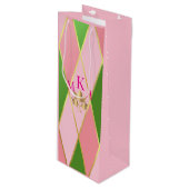 roze en groene argyle wijn cadeautas (Voorkant Gekanteld)