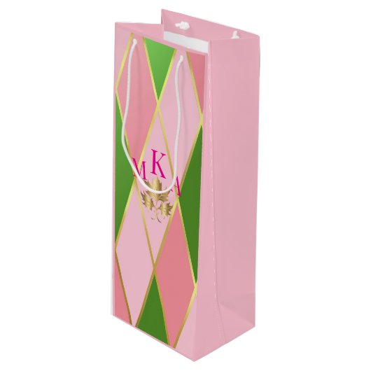 roze en groene argyle wijn cadeautas (Voorkant Gekanteld)