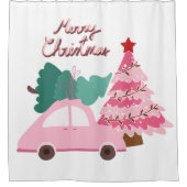 Roze en Groene Auto & Kerstboom Douchegordijn (Voorkant)