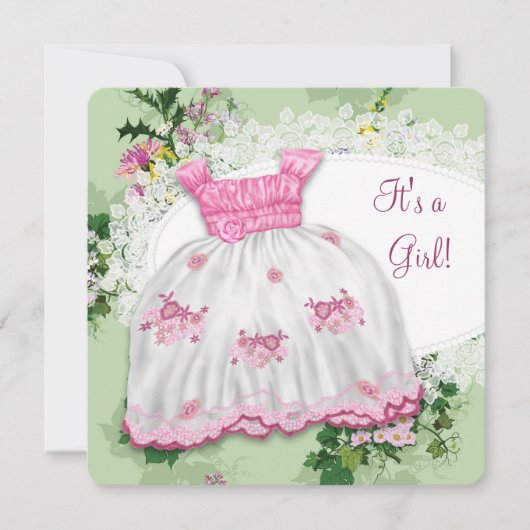 Roze en groene baby shower met bloemen kaart (Voorkant)