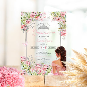 Roze en groene bloem vlinder Quinceañera Acryl Uitnodigingen