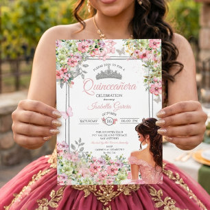 Roze en groene bloem vlinder Quinceañera Kaart