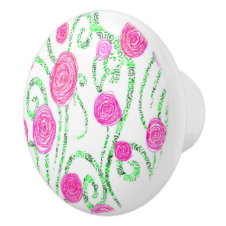 Roze en groene bloemen keramische knop