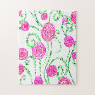 Roze en groene bloemen legpuzzel