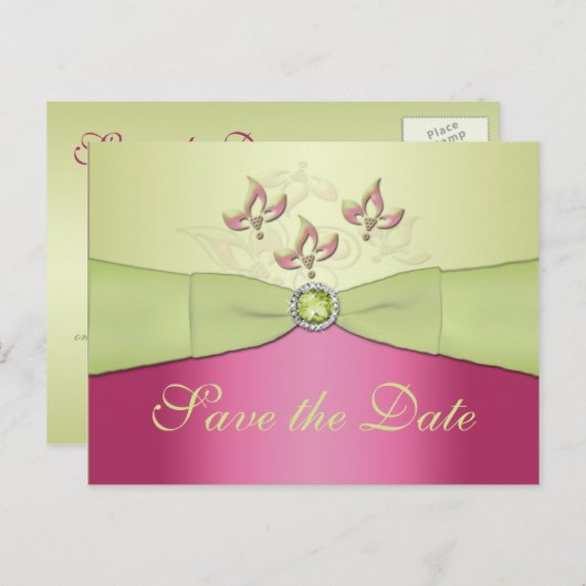 Roze en Groene Bloemen Save the Date Briefkaart (Voorkant / Achterkant)