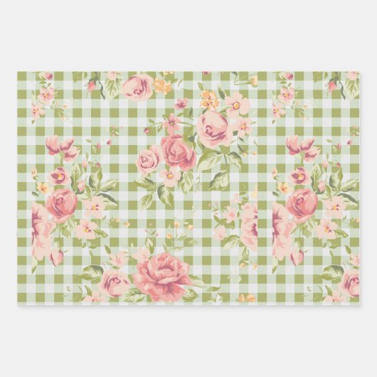 Roze en Groene bloemenontwerp inpakpapier vellen (Voorkant 3)