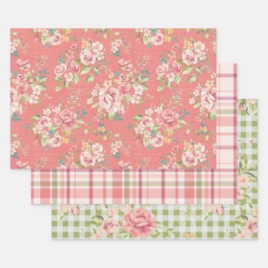 Roze en Groene bloemenontwerp inpakpapier vellen (Set)