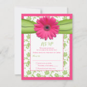 Roze en groene bloemige damast huwelijksreactiekaa RSVP kaartje (Voorkant)