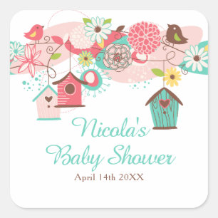 Roze en groene bloemkooi baby shower vierkante sticker