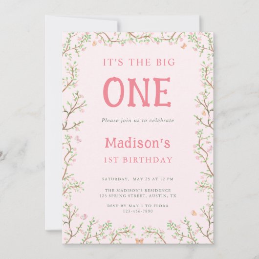 Roze en Groene Bloesem Bloemen Lijst 1e Verjaardag Kaart (Voorkant)