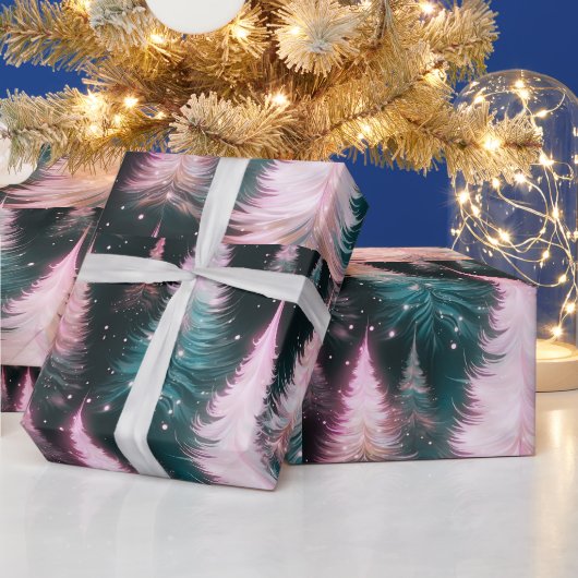 Roze en groene bomen moderne kerst cadeaupapier (Feestdagen)