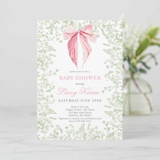 Roze en groene boog Baby shower uitnodiging (Staand voorkant)