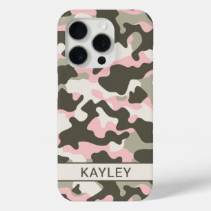 Roze en groene camouflage gepersonaliseerd iPhone 15 pro case