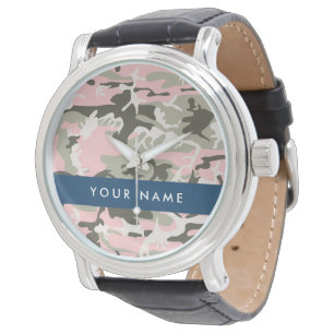 Roze en Groene Camouflage Jouw naam Personaliseren Horloge