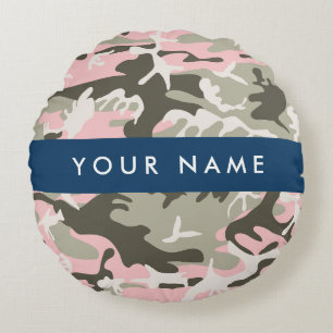 Roze en groene camouflage personaliseer je naam rond kussen