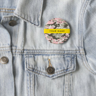 Roze en groene camouflage personaliseer je naam ronde button 5,7 cm