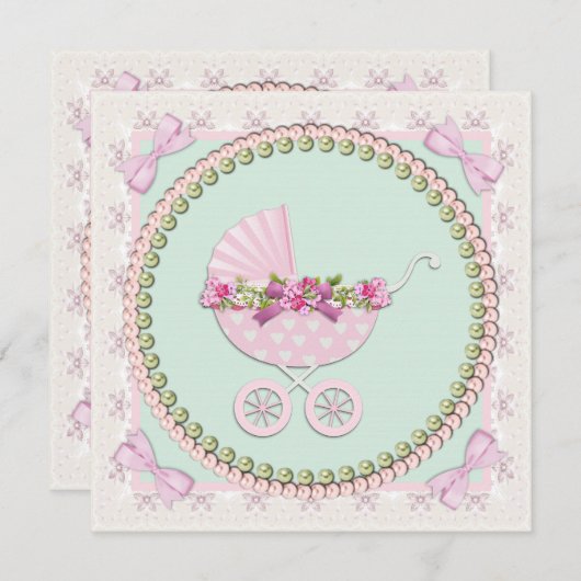 Roze en groene Carriage Baby shower Kaart (Voorkant / Achterkant)