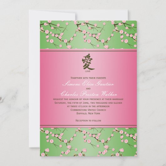 Roze en groene Cherry Blossom Wedding Uitnodiging (Voorkant)