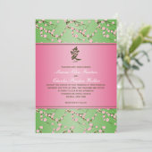 Roze en groene Cherry Blossom Wedding Uitnodiging (Staand voorkant)
