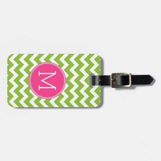 Roze en groene Chevron Pattern met monogram Bagagelabel (Voorkant horizontaal)