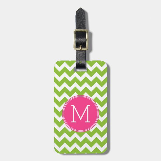 Roze en groene Chevron Pattern met monogram Bagagelabel (Voorkant verticaal)
