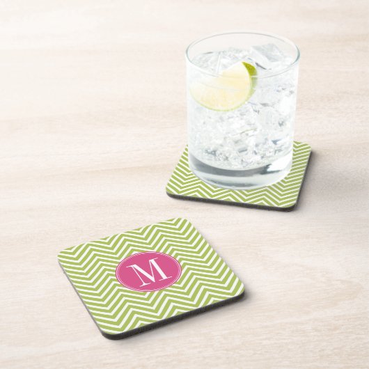 Roze en groene Chevron Pattern met monogram Bier Onderzetter (Rechterzijde)