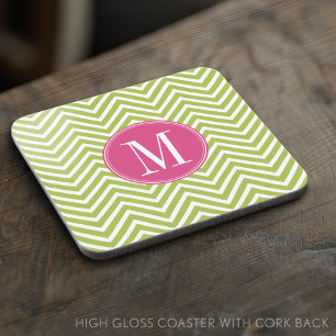 Roze en groene Chevron Pattern met monogram Bier Onderzetter