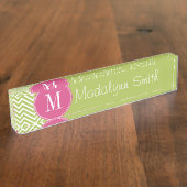 Roze en groene Chevron Pattern met monogram Naambordje (Zijkant)