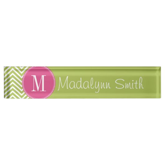 Roze en groene Chevron Pattern met monogram Naambordje (Voorkant)