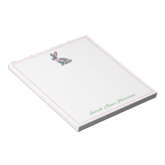 Roze en groene Chinoiserie Bunny met strik Notitieblok (Schuin)