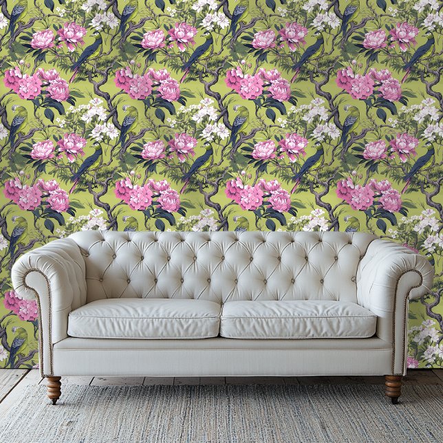 Roze en groene Chinoiserie stijl Bloemen Wallpaper Behang (Creator heeft geüpload)
