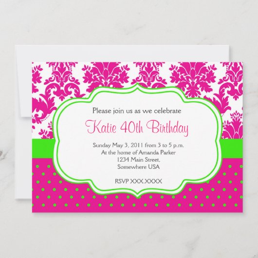 Roze en Groene Damask en Stippen Invitation Kaart (Voorkant)
