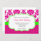 Roze en Groene Damask en Stippen Invitation Kaart (Voorkant / Achterkant)