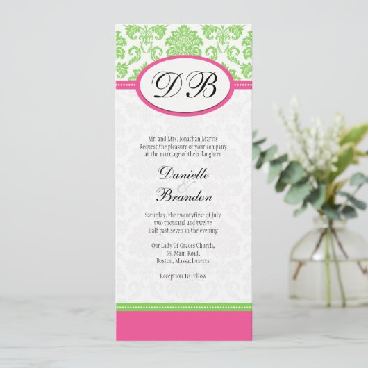 Roze en Groene Damask Monogram Wedding Uitnodiging (Staand voorkant)
