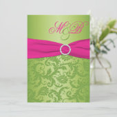Roze en Groene Damask Monogrammed Uitnodiging (Staand voorkant)