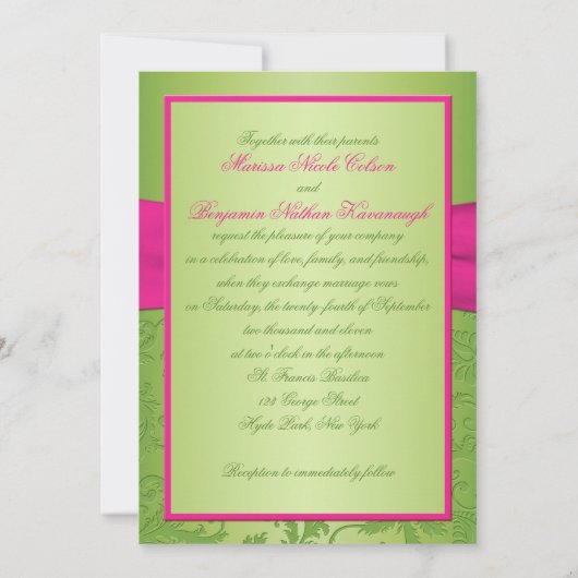 Roze en Groene Damask Monogrammed Uitnodiging (Achterkant)