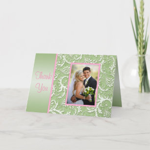 Roze en groene damast bedankkaart met foto