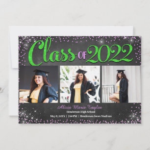 Roze en groene diamanten Glitter Photo Afstuderen Kaart