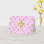 Roze en groene Fleur de Lis Pattern Wenskaart Kaart (Gele Bloem)