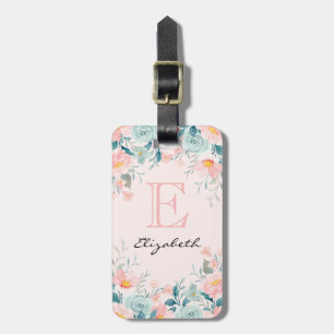 Roze en groene Floral Border Bagagelabel