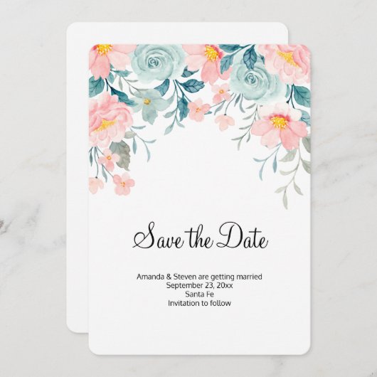 Roze en groene Floral Border Elegant Wedding Save The Date (Voorkant / Achterkant)