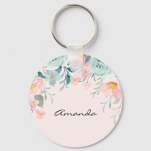 Roze en groene Floral Border Sleutelhanger (Voorkant)